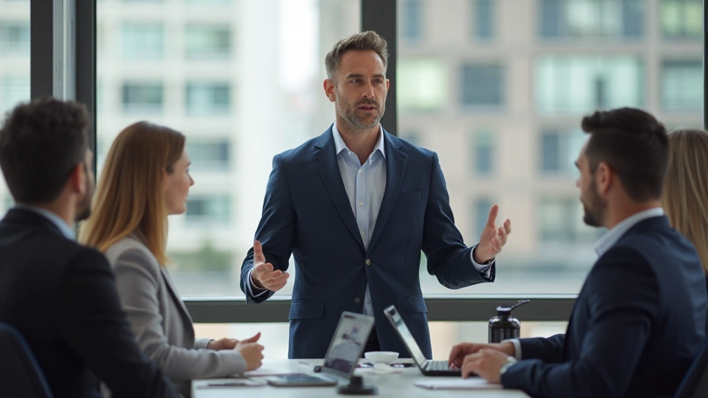 Profissional fazendo apresentação corporativa com slides em auditório de negócios