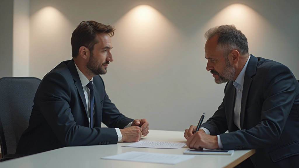 Dois profissionais em negociação comercial com documentos e gráficos