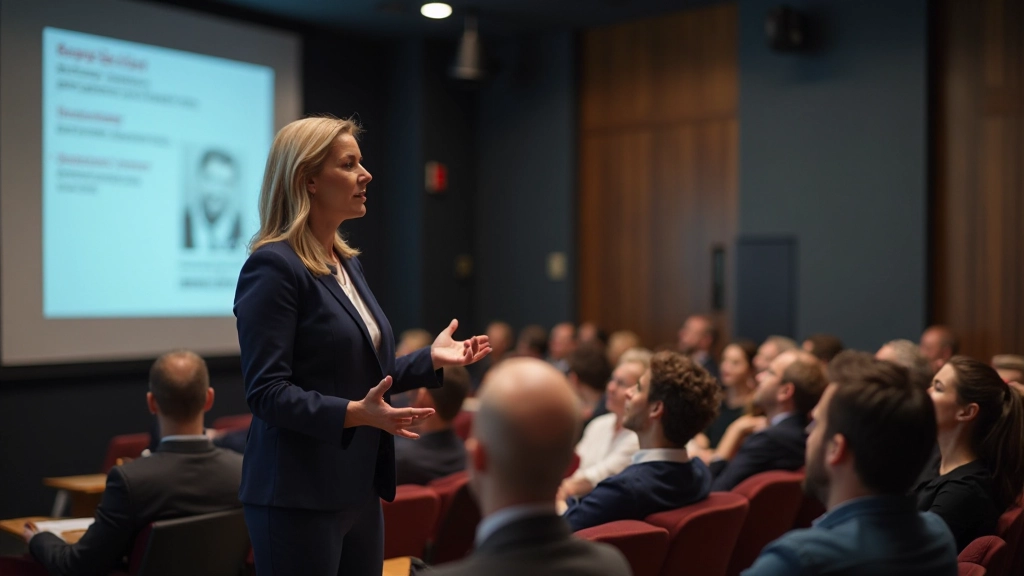 Mulher profissional apresentando para audiência corporativa em auditório moderno, apresentação de negócios com confiança, iluminação de palco