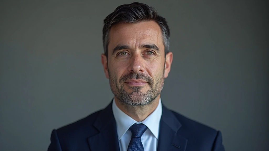 Retrato profissional de mulher portuguesa executiva, 35 anos, cabelo castanho comprido, blusa branca, expressão segura, fundo neutro corporativo