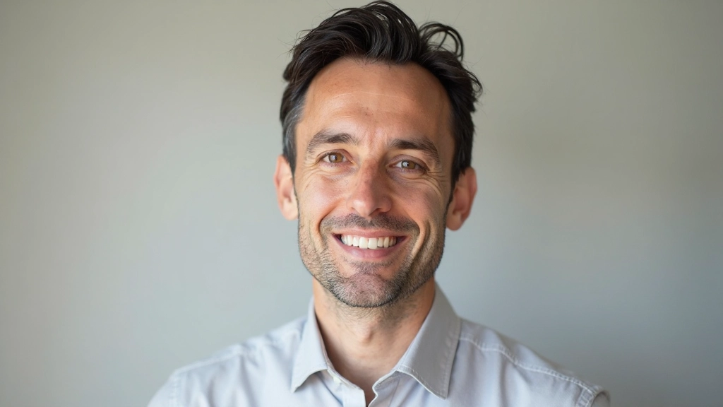 Retrato profissional de homem português, 32 anos, cabelo preto, camisa cinza clara, expressão profissional amigável, fundo neutro claro