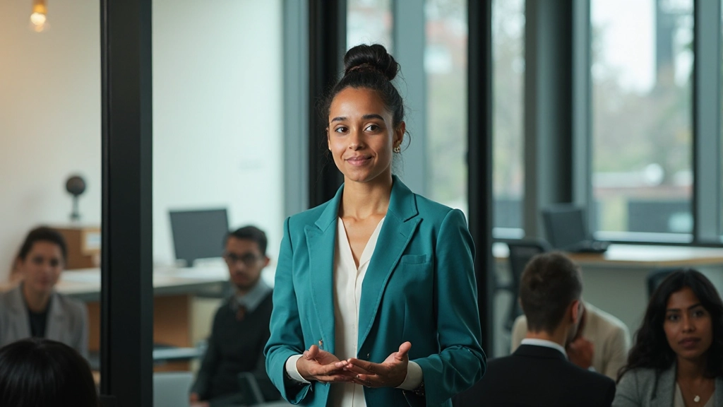 Professional woman presenting to corporate audience in modern auditorium